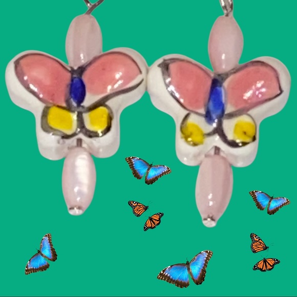 Hand Crafted Jewelry - Hand Crafted Butterfly Earrings Porcelain Dangle Pink Periwinkle Blue Pierced